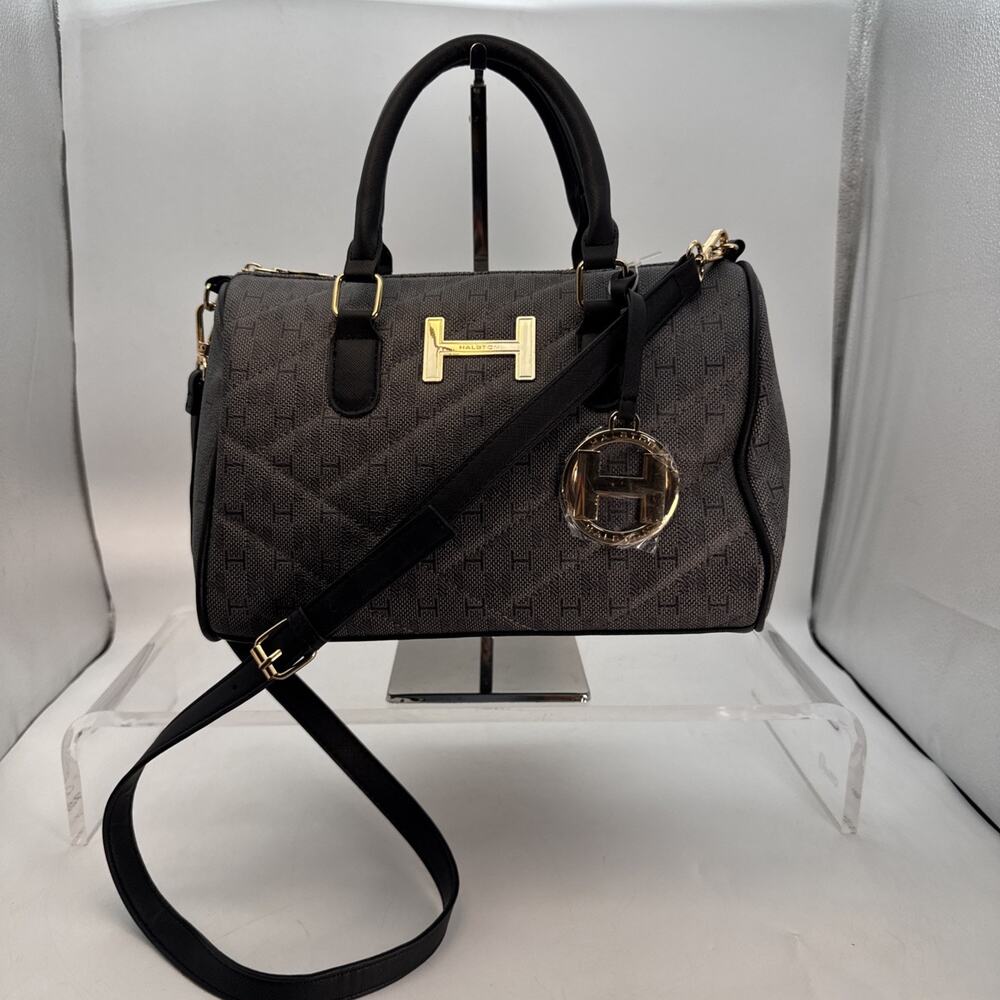 H By Halston Stachel Handbag Repeating H logo motif, Gold Trim, Top & Zip close